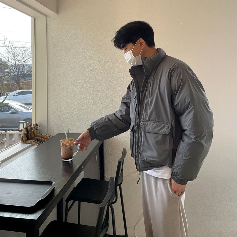 MYQ estilo japonés ropa de trabajo collar de pie abrigo de algodón acolchado abrigo de invierno de los Hombres estilo coreano suelta cálida chaqueta engrosada abrigo de algodón acolchado