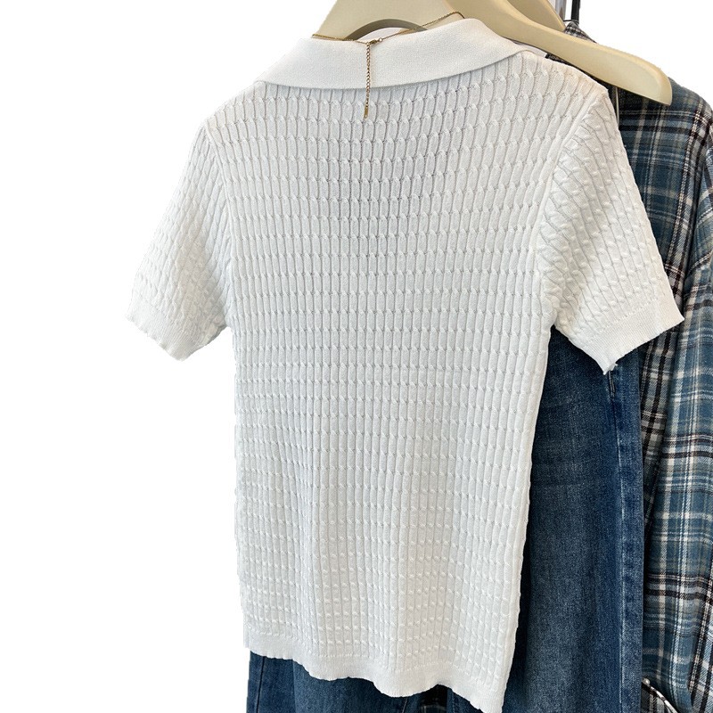 Elegante maglione da donna a maniche corte con colletto a risvolto, lavorazione a trecce sulle spalle, top estivo, nuovo arrivo._voghion.com