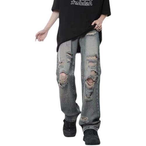 Vintage washed ripped hole men's streetwear hip-hop fashion loose straight-leg slimming pants