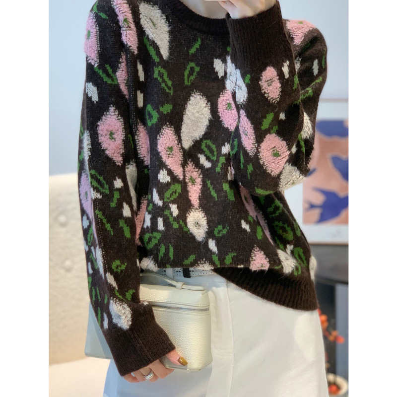 B1035欧货毛巾绣拼色针织衫女秋季新款气质设计感毛衣厚打底衫内