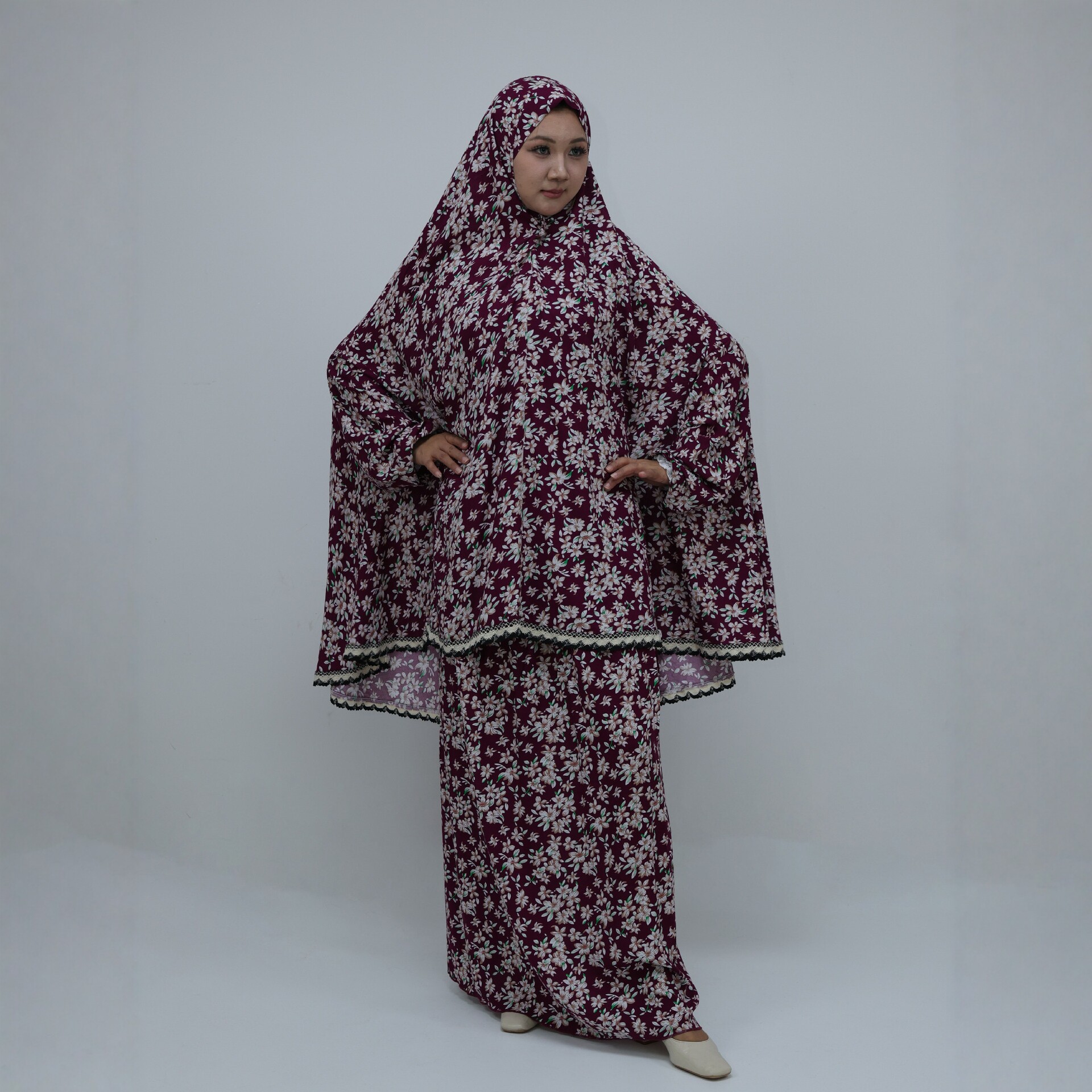 Printed one-piece robe plus size loose prayer robe headband set (hooded robe + elastic skirt)