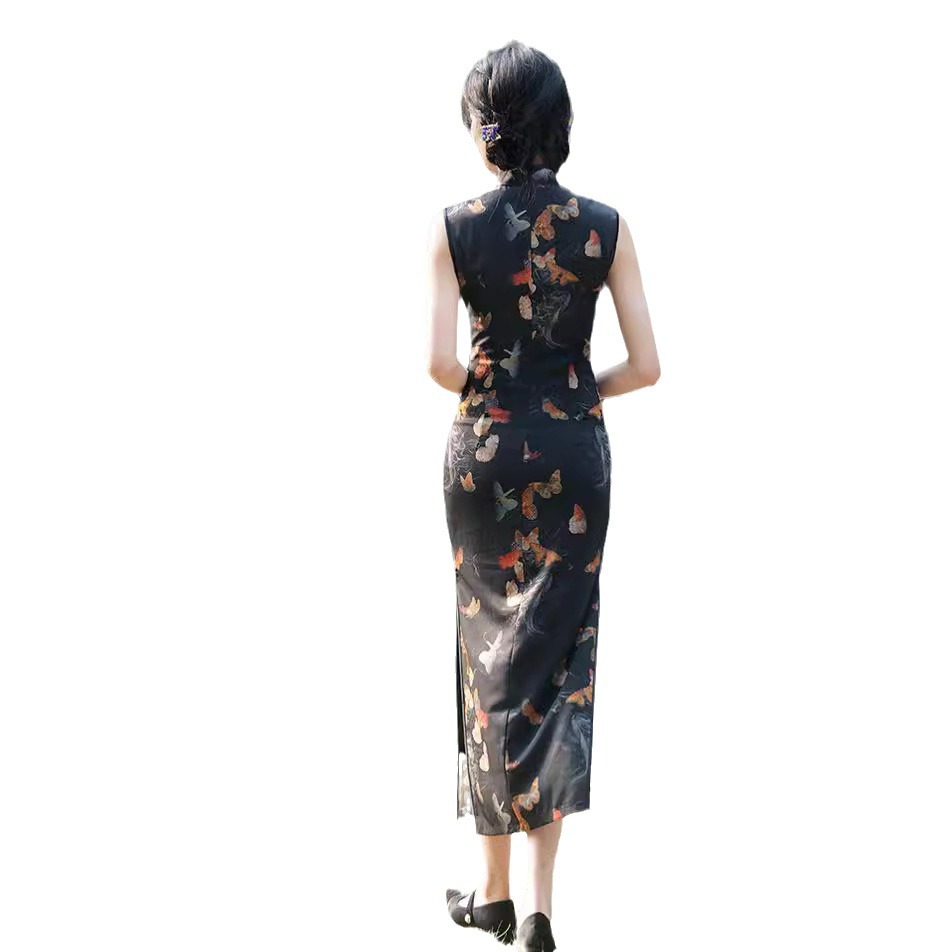 Summer retro elite elegant black cheongsam sleevless