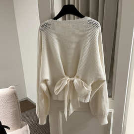 后背缎面蝴蝶结针织衫 白色镂空宽松毛衣 温柔风休闲百搭上衣