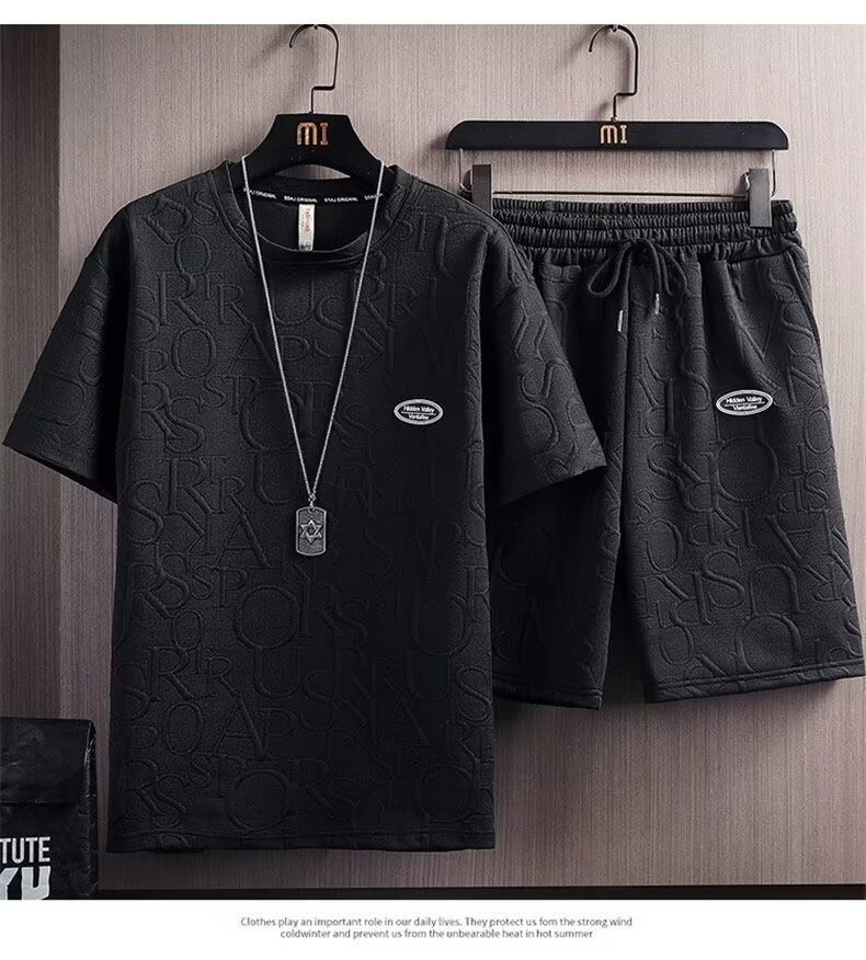 Summer Men's Casual Waffle Knit T-shirt And Five Point Shorts Set_voghion.com