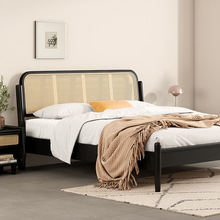 藤编实木床现代简约主卧1.8m双人床黑色北欧日式复古侘寂风民宿床