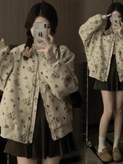 复古丝绒提花工艺休闲短款外套女春秋新款宽松百搭小众夹克棒球服