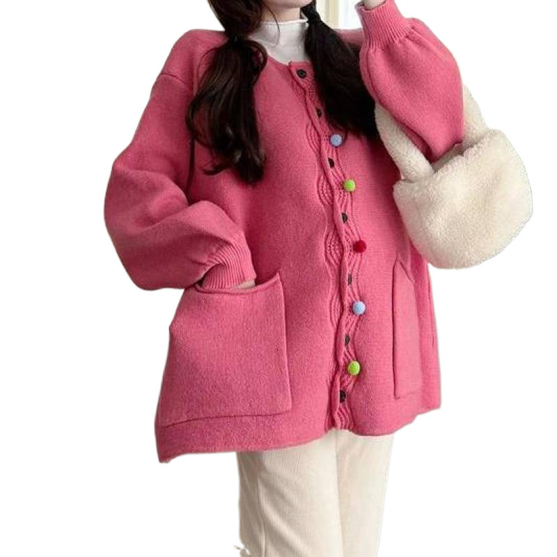 가을과 겨울 느슨한 두꺼운 사탕 컬러 스웨터 자켓베이스 셔츠 바지 유행 엄마 3 피스 세트