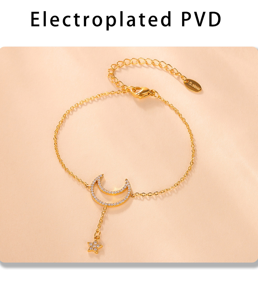 Square Sugar Starry Moon Set With Zircon Tassel Double Layered Clavicle Necklace, Feminine Style Bracelet, Titanium Steel Minimalist Set_voghion.com