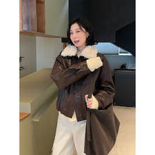 THE MIND复古美拉德毛领PU皮衣女2025冬季新款高级感外套女T5690D