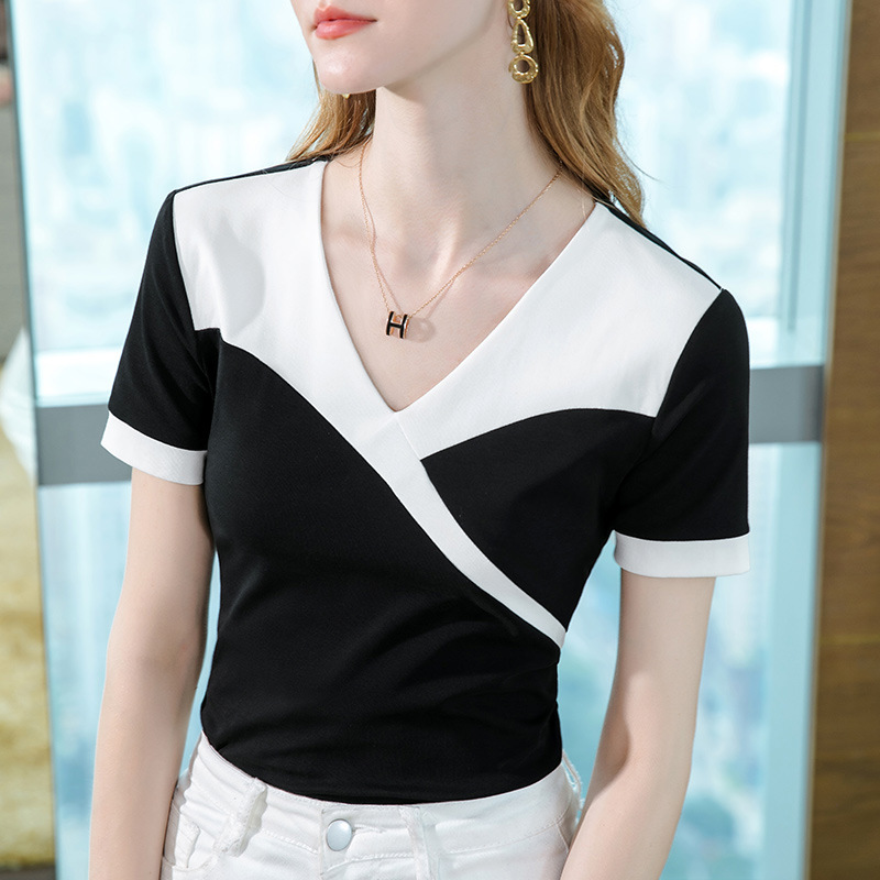 Camiseta de manga corta para mujer verano 2023 nueva Camiseta de algodón de costura de color de contraste de moda para mujer temperamento con cuello en V elegante cintura superior image 1