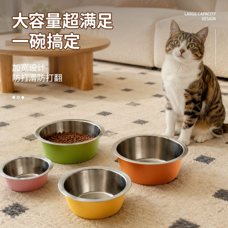 Candy-colored stainless steel pet bowl, large capacity, multiple sizes, cat drinking bowl, household pet feeding bowl, wholesale Candy-colored stainless steel pet bowl, large capacity, multiple sizes, cat drinking bowl, household pet feeding bowl, wholesale