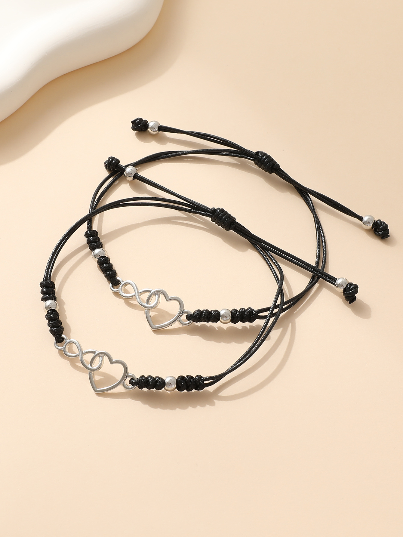 304 Stainless Steel, Wax line Chain Material 2 Pieces Set Quantity Sweet Simple Style Heart Shape 304 Stainless Steel Wax Line Wholesale Bracelets