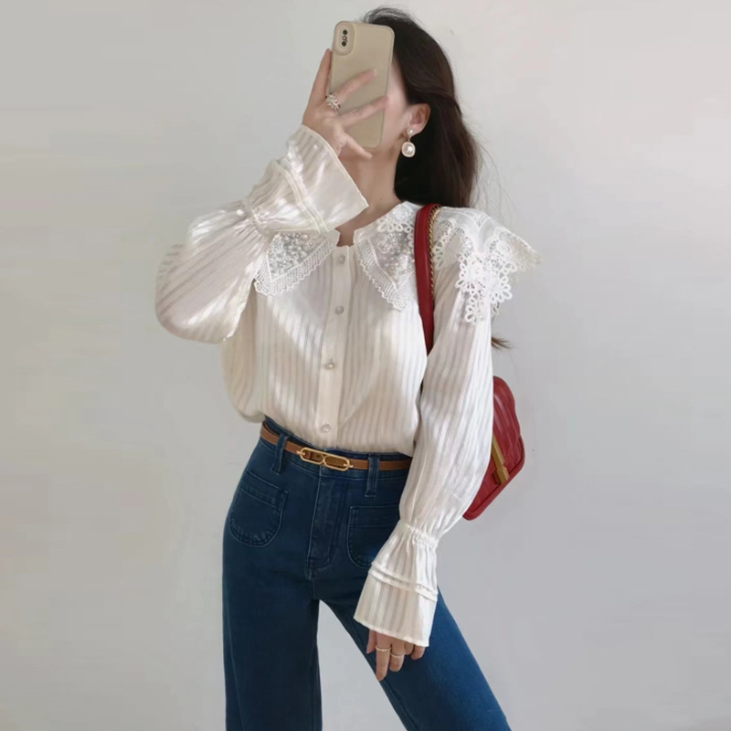 XIAOZHI ~ imported exquisite lace Pearl heavy industry double layer doll collar long sleeve shirt striped acetate satin