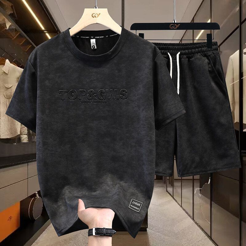 Cross-border steel-printed tie-dye T-shirt men's summer casual suit men's round neck T-shirt and shorts two-piece set men's complete set