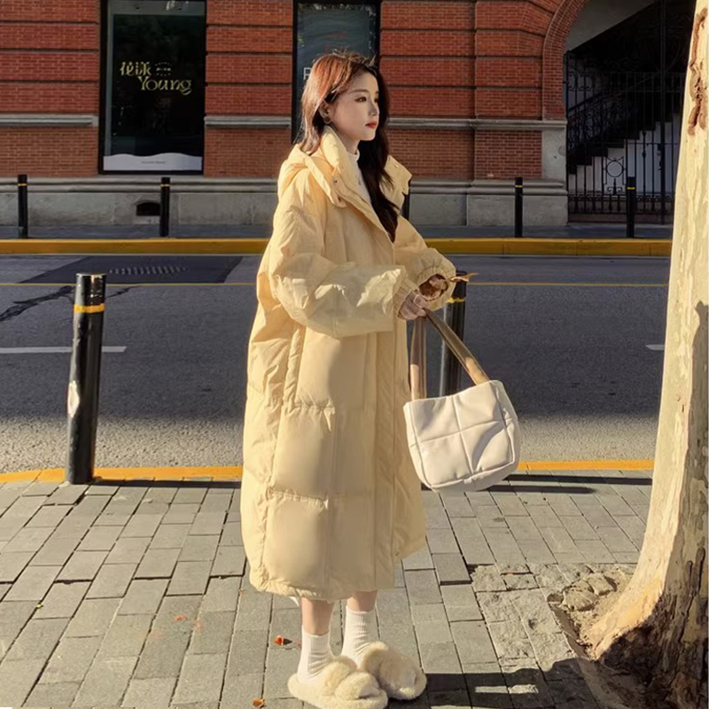 밀크 후푸 한국 다운 재킷 여성의 긴 무릎 길이 느슨한 우유 노란색 이동식 모자 계절 겨울 옷