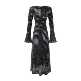 2025秋季新款法式复古气质波点喇叭袖长袖船领修身显瘦连衣裙长裙