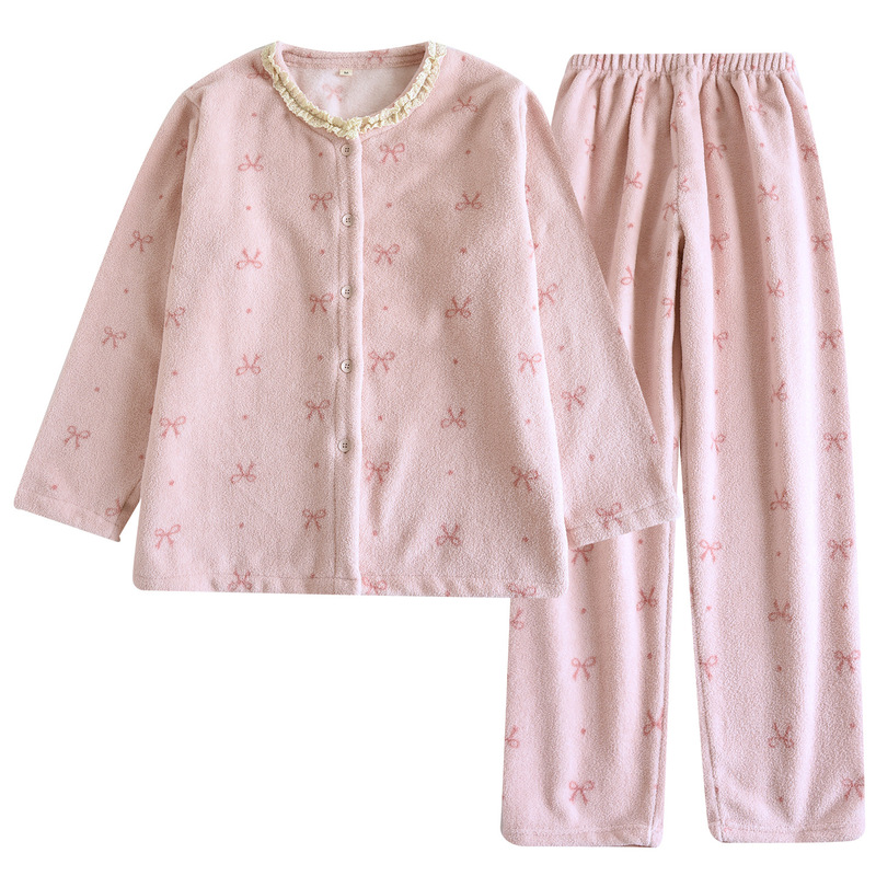 女冬季新款加绒加厚睡衣法兰绒家居服圆领长袖长裤保暖套装|undefined