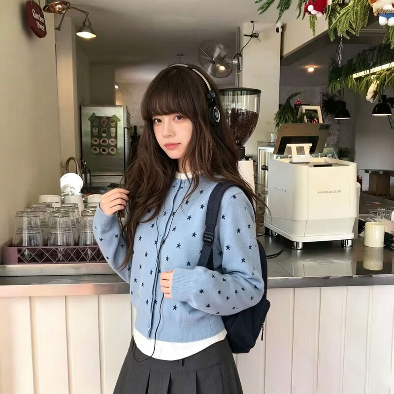 Real shot - Color-blocked star jacquard knit cardigan for women, spring 2026 new stylish and youthful casual top