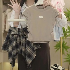 女の子サマースーツスカート不規則チェック柄スカート2024夏女の子年長児スカート夏ツーピースセット