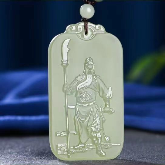 Mặt dây chuyền ngọc Hetian tự nhiên Quan Công cho nam – ngọc xanh trắng chi tiết 6