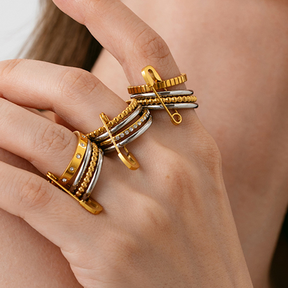 Cross-Border Ins Zircon Paperclip Multi-Layer Stainless Steel Ring Electroplated with 18K Gold Pin Niche High-End Ring for Women