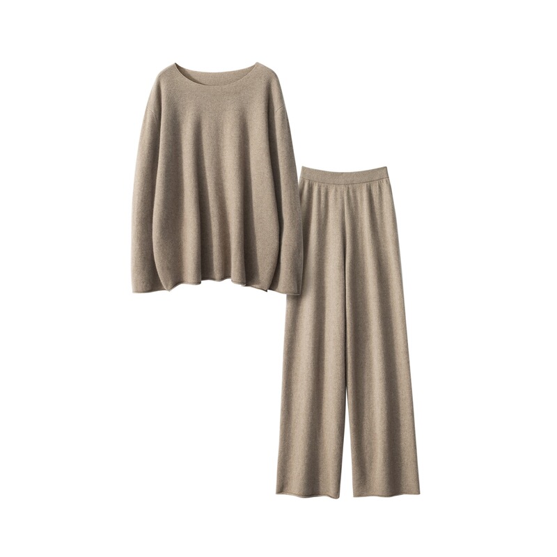 Light Luxury Old Money Suit ~ Consinee 100% Pure Cashmere Knitwear Women's One-Line Collar Top + Slim Straight Pants