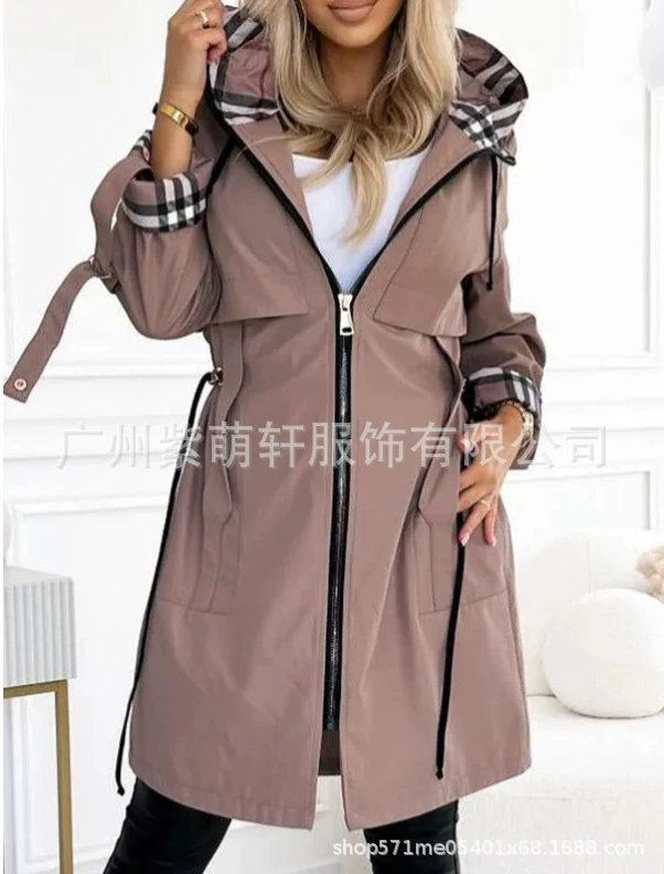 Демисезонное trench coat женское, с капюшоном, европейский стиль, молния и шнурок