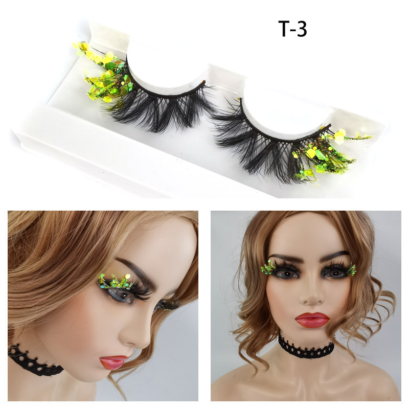 Color ojo de gato 3D pestañas postizas maquillaje de escenario natural cola de ojo brillo lentejuelas fluorescentes gruesas pestañas europeas y americanas exageradas