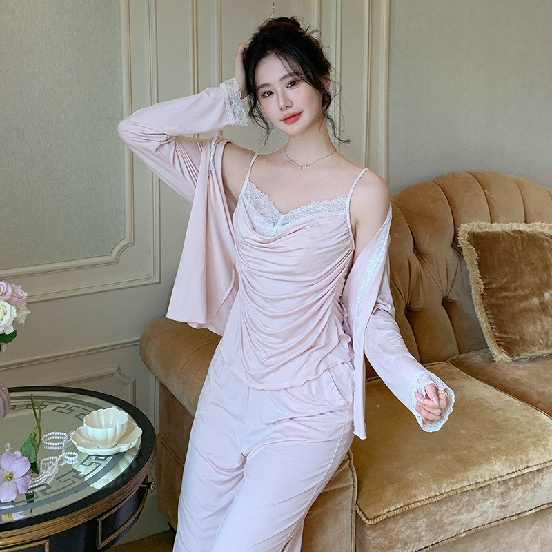 法式睡衣女胸垫吊带套装秋季三件套长袖长裤套装可外穿家居服|undefined