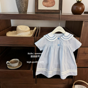 [dessert cheese] baby blue! South Korea children's clothing baby girl college style princess dress short sleeve A- line version skirt