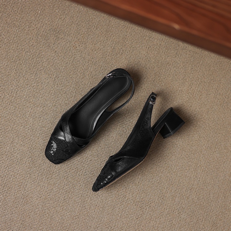 Sandal cao gót nữ hở mũi da cừu lưới phối màu quai ngang khóa — màu đen, màu trắng ngà chi tiết 42