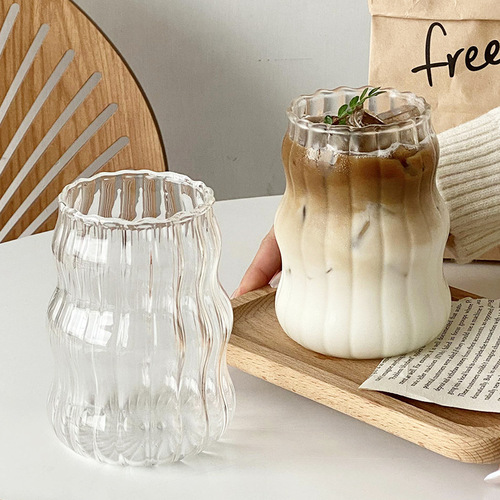 Ins Striped Cup Coffee Glass Cup Borosilicate Juice Cup Vertical Striped Fat Drink Milk Tea Glass Cup