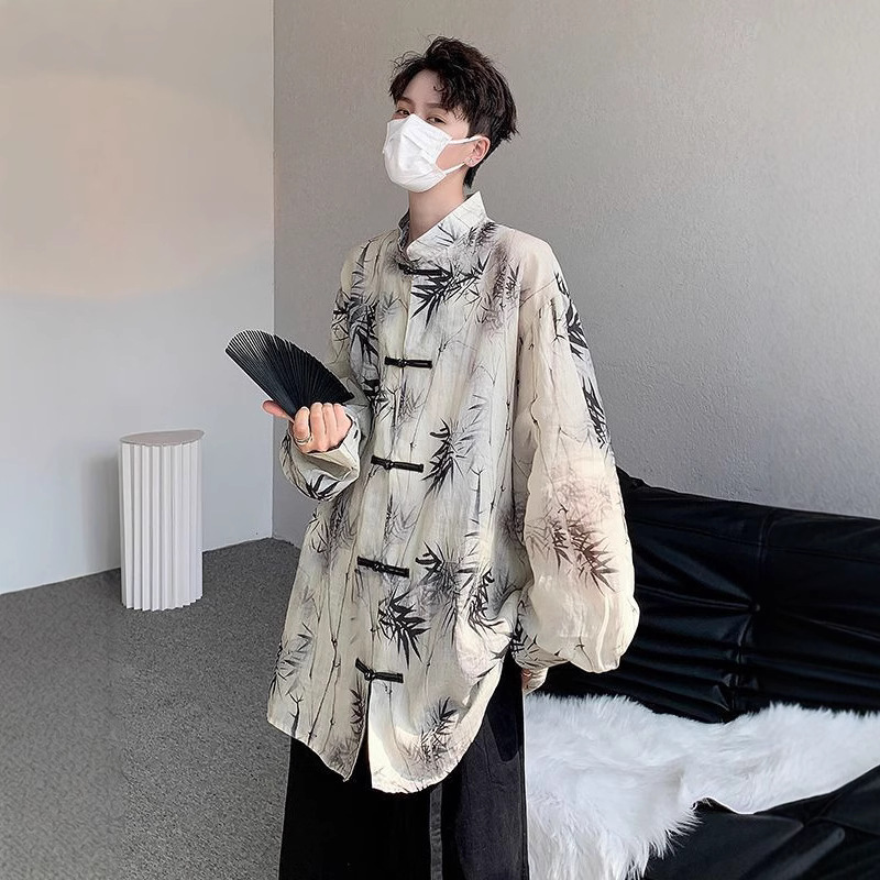 New Chinese Style Retro Trendy Long-Sleeve Sun-Protective Shirt with Ink-Style Button Design, Fairy-Like Men's Cardigan