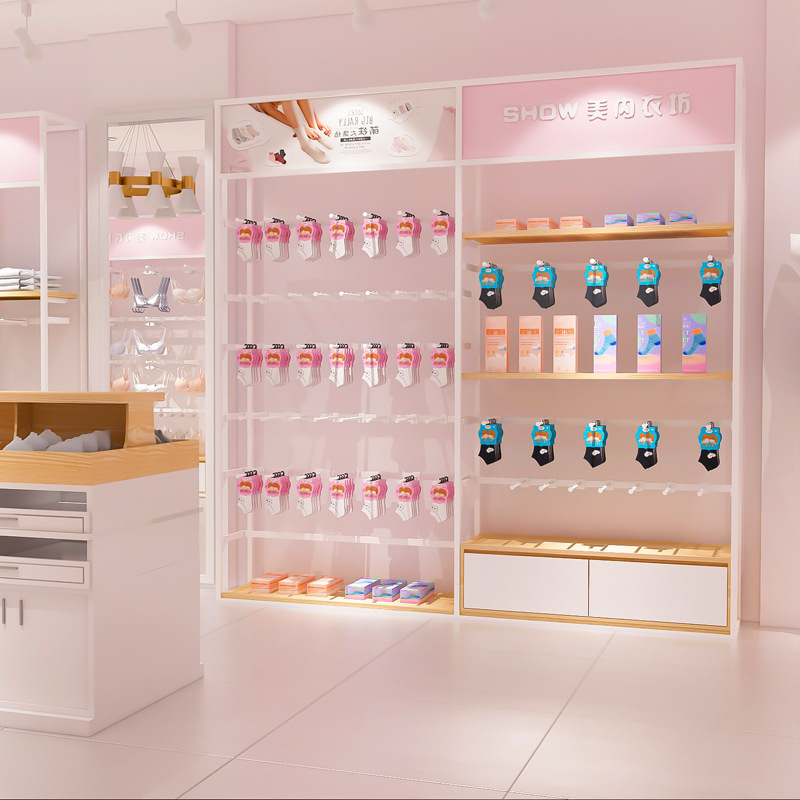 Tienda de ropa pantalla rack tienda pared sujetador pijamas calcetines estante de exhibición gabinete ropa interior estante de la ropa interior