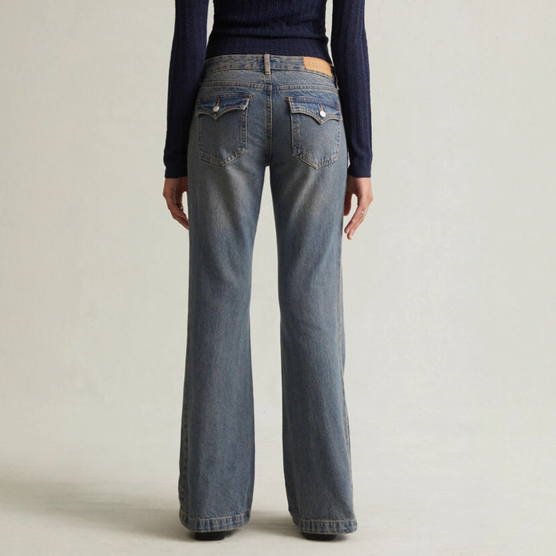 Cross-Border Tiktok Amazon Low-Rise Jeans for Women, Pacsun Retro Washed Straight-Leg Flared Pants, European and American In-Stock