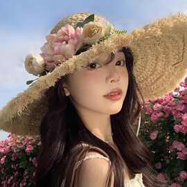 手工小众法式花朵编织拉菲草帽女夏季大檐遮阳防晒海边度假太阳帽