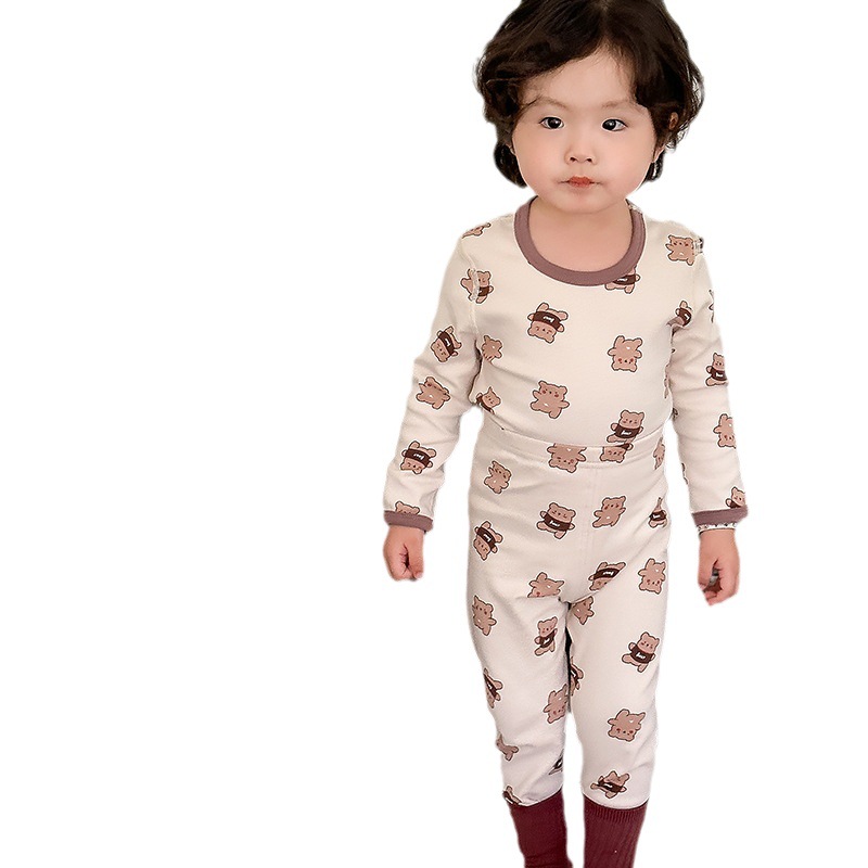 Ropa de otoño del bebé pantalones largos traje algodón los niños invierno cepillado estilo Coreano ropa interior térmica lana estante sin hueso Pijamas