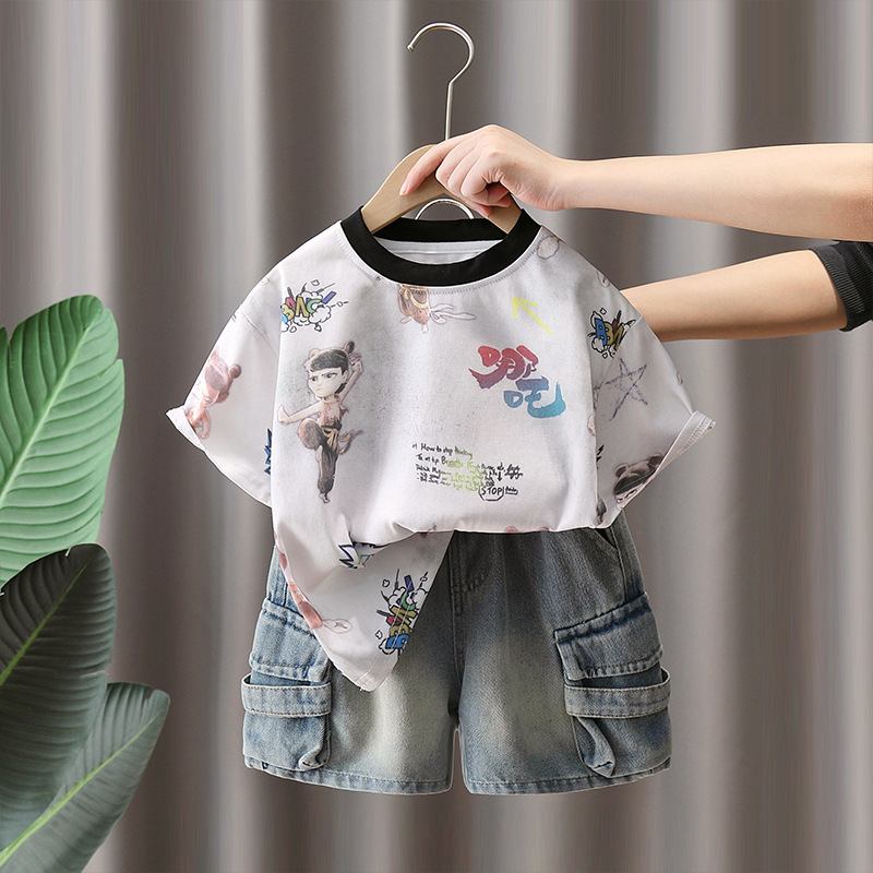 7271 Traje de niño Camiseta con estampado Nezha de manga corta de verano 2025 nuevo traje de dos piezas de verano para niños 5
