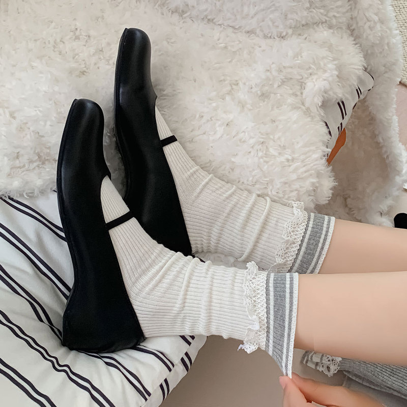蕾丝袜子女中筒袜秋冬miu少女风棉质堆堆袜配小皮鞋条纹花边长袜|undefined