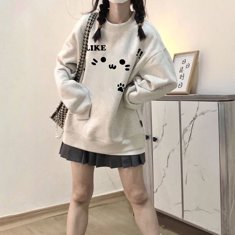 Cute American-style new loose-fit round-neck cotton sweatshirt for petite women, autumn and winter style, fleece-lined with cartoon print