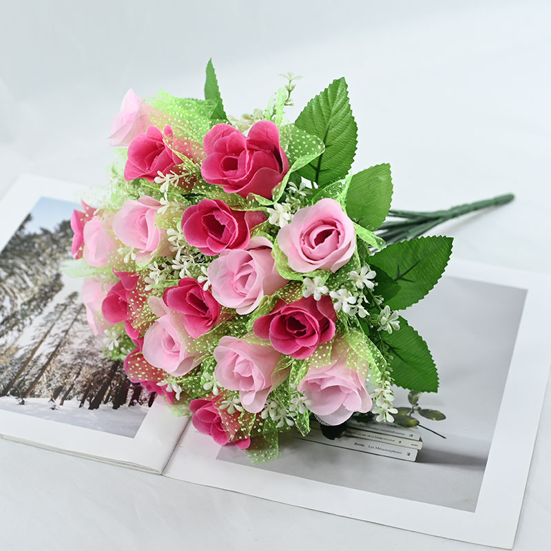 Fuente de fábrica de pantalla de fotos flores de simulación transfronteriza rosa 18 cabezas con hilo de cabeza plana decoración de bodas de hotel ramo de flores falsas