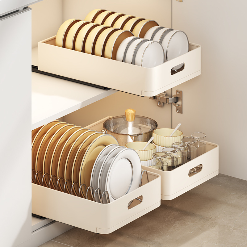 厨房碗碟收纳架橱柜自制拉篮抽拉式碗盘置物架内置放碗餐具沥水架