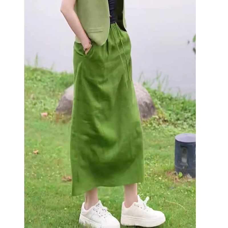 绿色亚麻减龄舒适半身裙女2025夏季新款时尚气质流行高级直筒裙|undefined