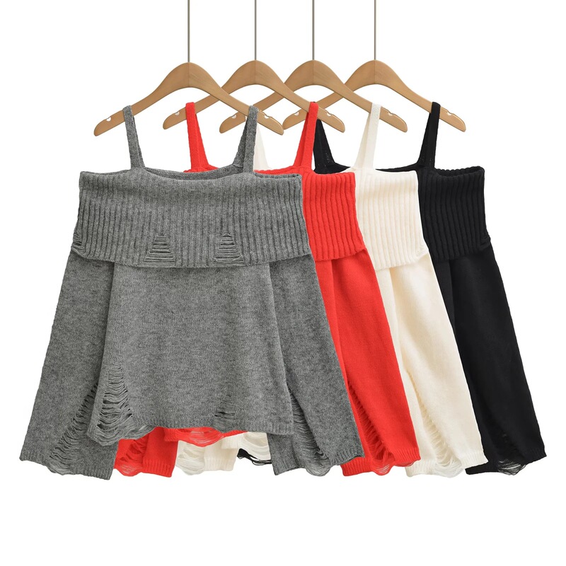 Gentle Style One-Shoulder Ripped Long-Sleeved Knitwear for Women in Autum Off-Shoulder Lazy Pure Color Pullover Knitwear Top