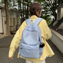 温蓝藏糯素格隐印书包学生党清冷氛围感休闲旅行轻便百搭双肩包