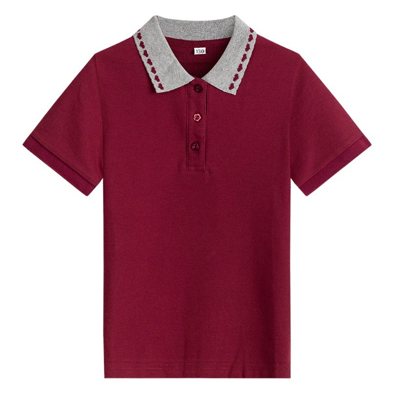 Форменная одежда для начальной и средней школы: летние поло с коротким рукавом в британском стиле, академические темно-бордовые футболки для мальчиков и девочек, футболки с коротким рукавом в академическом стиле.