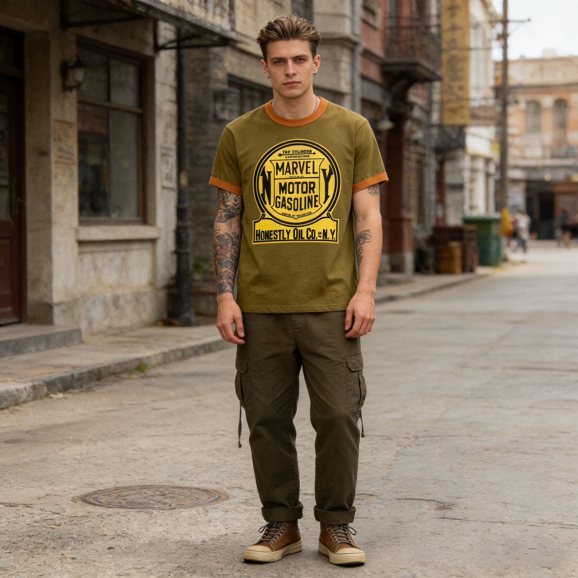 Verano nuevos hombres Camiseta de algodón máquina de impresión europea y americana elemento de coche hilo color a juego camiseta ameikaji