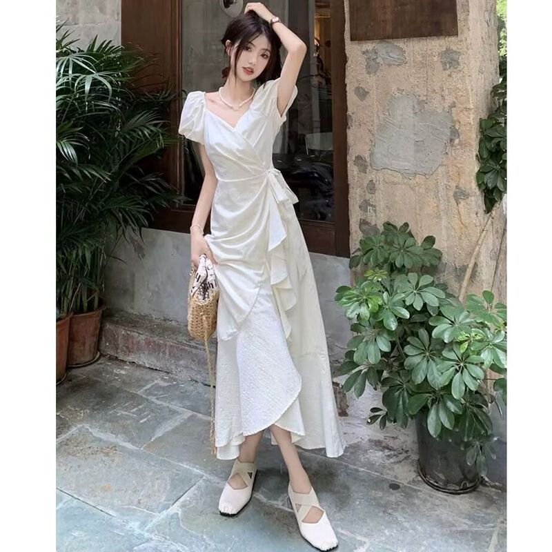White V-neck Lace-up Short-sleeved dress Women's Summer New Gentle Style Ruffled Waisted Slim-fit Irregular Skirt White V-neck Lace-up Short-sleeved dress Women's Summer New Gentle Style Ruffled Waisted Slim-fit Irregular Skirt