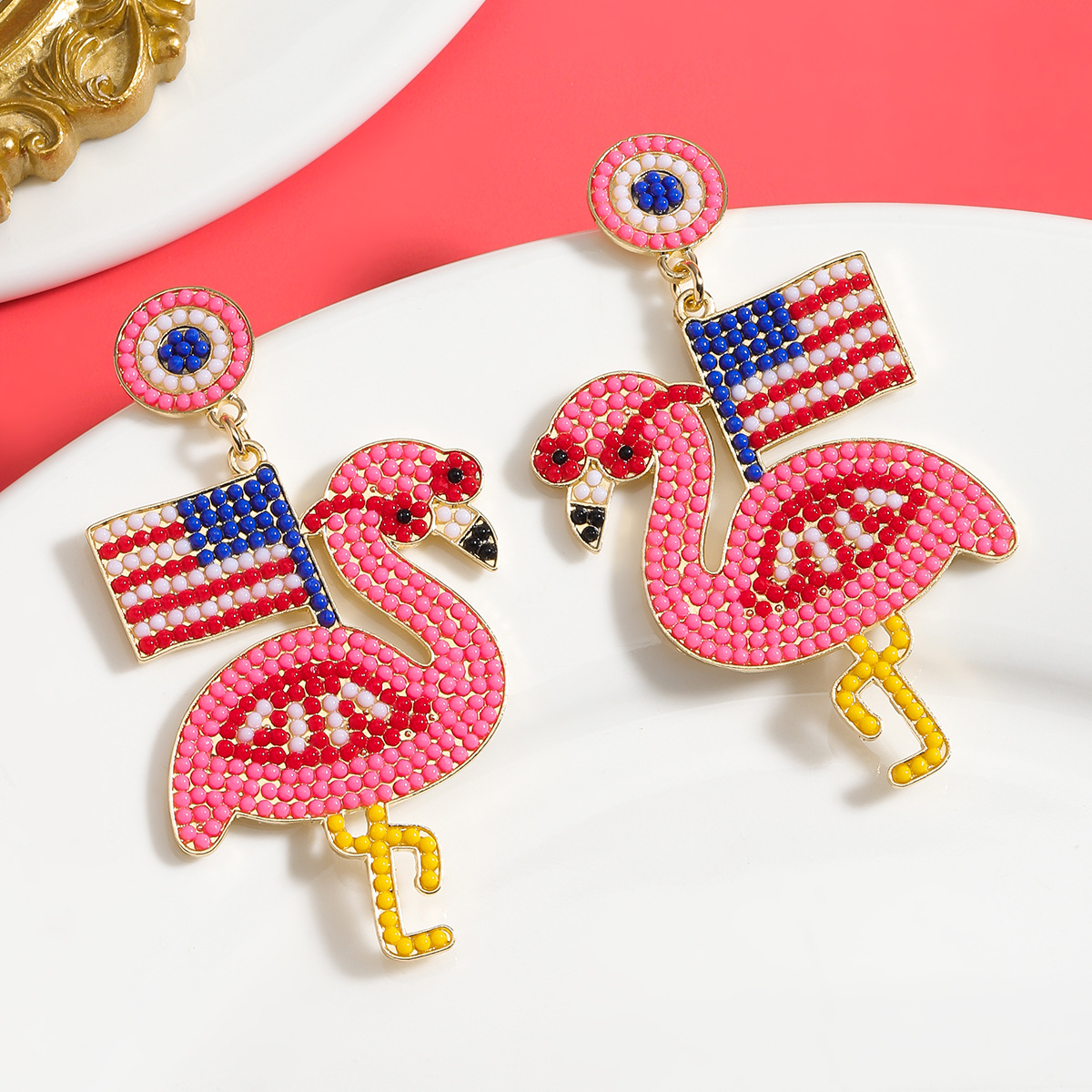 1 Pair IG Style Cute Modern Style Flamingo American Flag Inlay Alloy Seed Bead Rhinestones Drop Earrings display picture 2