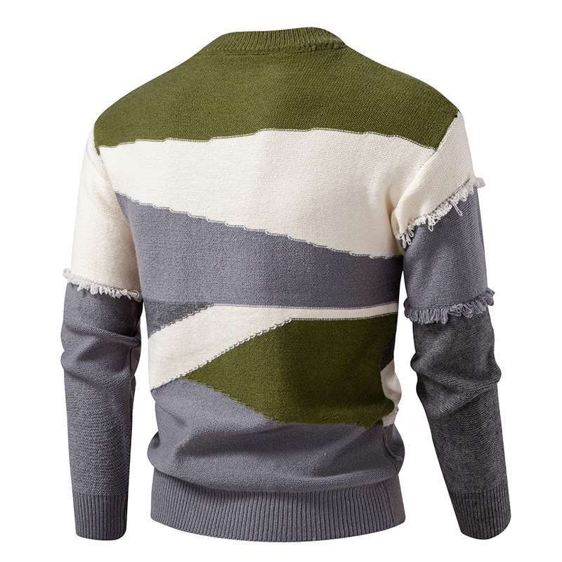 Pull en tricot tendance pour homme - Pull rétro oversize avec col ras du cou, manches longues et badge brodé (M-3XL, gris/rouge/moutarde/vert)_voghion.com